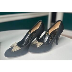 Rare Vintage 1950s Herbert Levine Black Pumps Jeweled Bow Embellishment